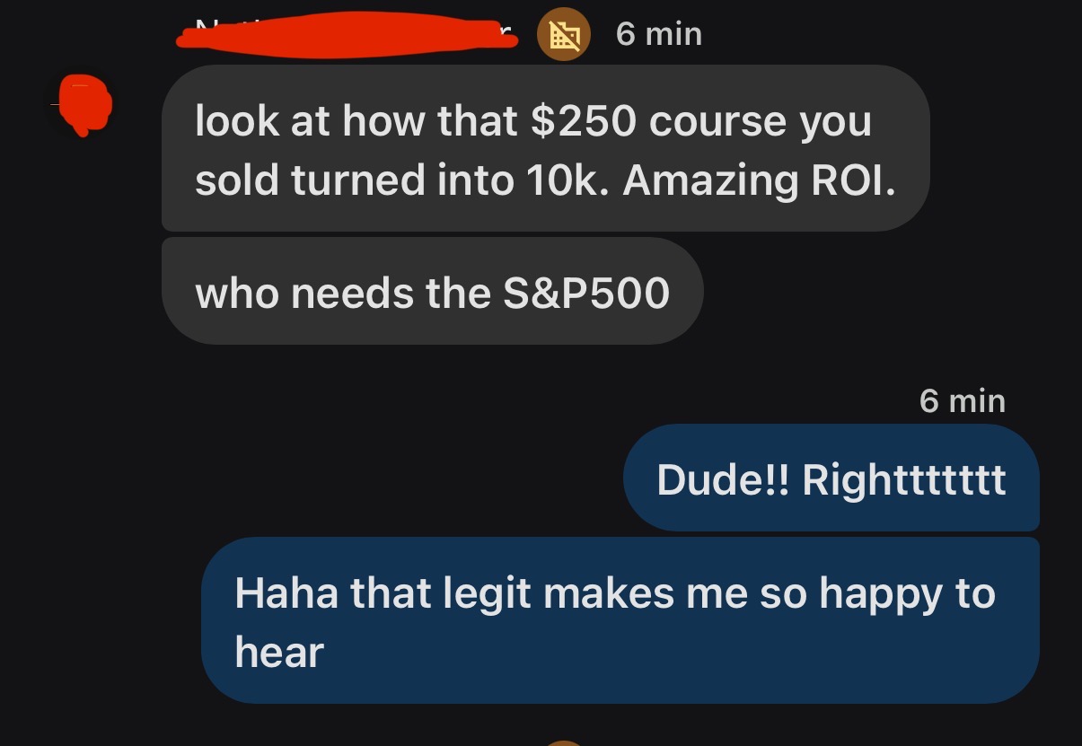 Chat screenshot: cohort attendee who closed a $10k project